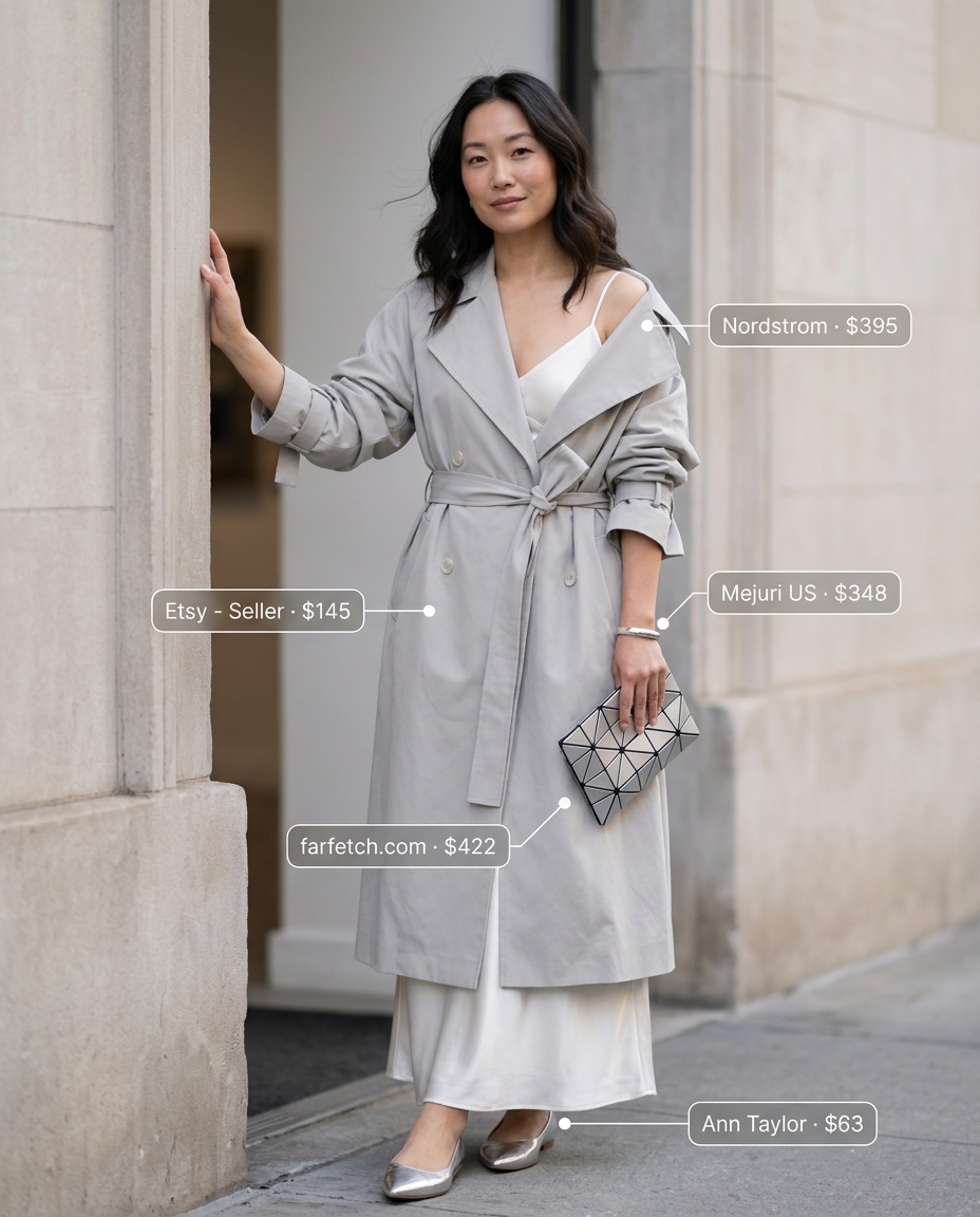 Monochrome summer outfits for women 2026: White oversized trench, ivory slip dress, silver flats & clutch.