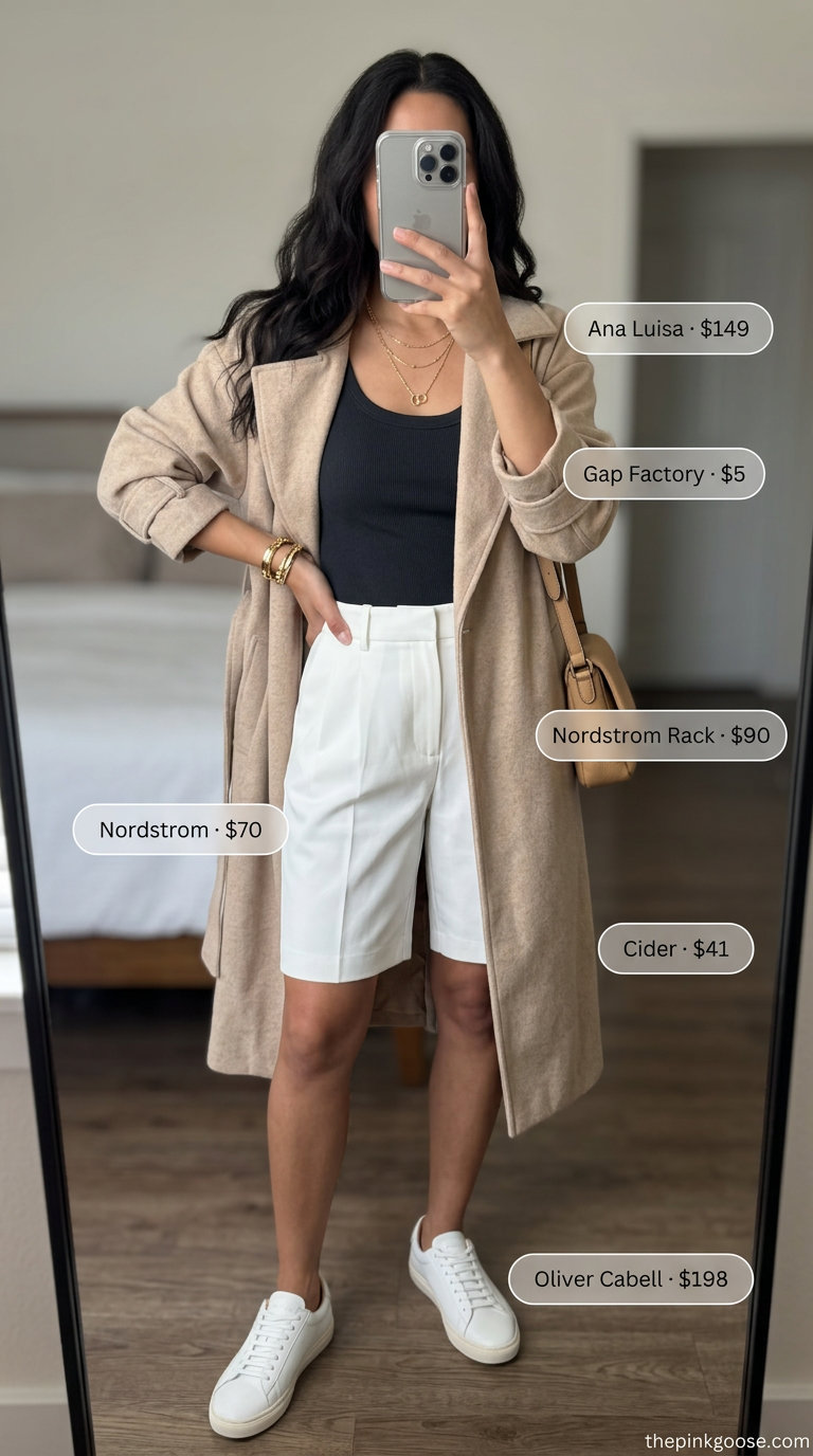Urban explorer outfits for women 2026: Beige oversized trench, white Bermuda shorts, black tank & sneakers.