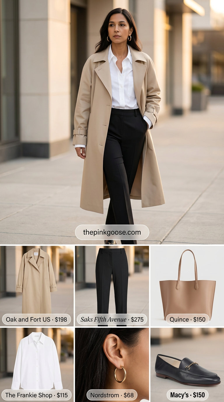 Beige oversized trench coat outfit for women 2026, modern business casual with tailored trousers and a button-down shirt.