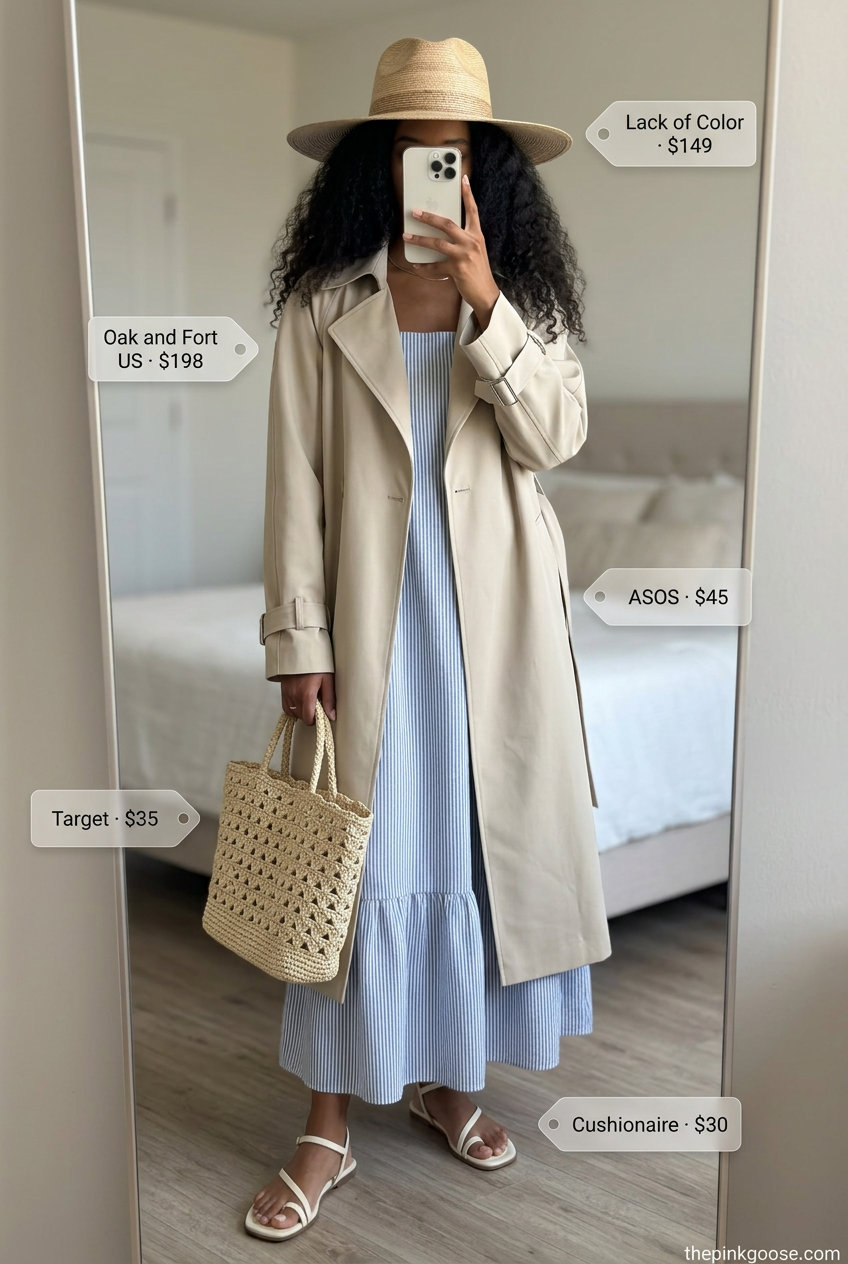 Light beige oversized trench coat outfit for women 2026, airy and elegant for seaside dinners with a maxi dress.
