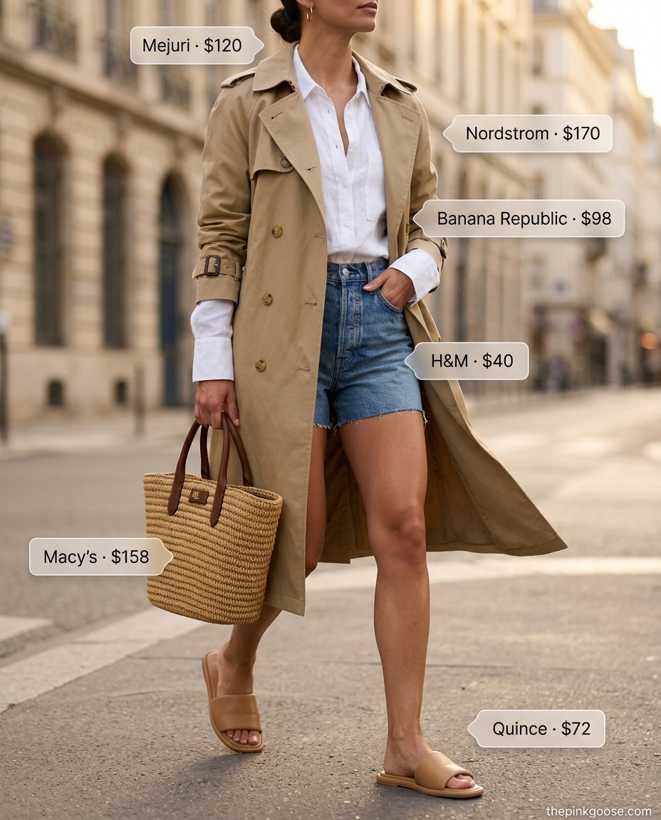 Beige oversized trench coat outfit for women 2026, perfect for city exploration with denim shorts and a linen shirt.