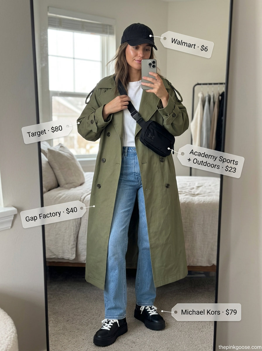 Olive green oversized trench coat outfit for women 2026, ideal for casual errands with jeans and a graphic tee.