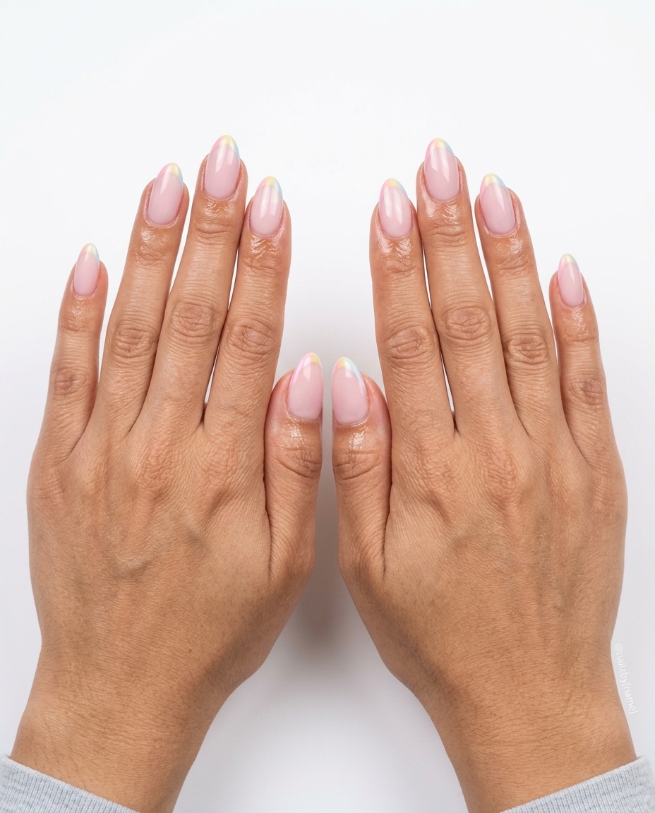 Milky pink pastel rainbow micro French nails 2026 for daily wear, work, or casual weekend. Sophisticated soft square shape.