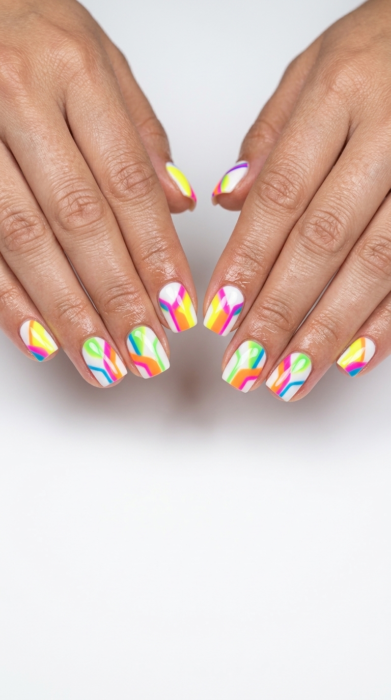 Bold summer rainbow nails 2026: Neon geometric patterns on short square nails for festivals and night outs.