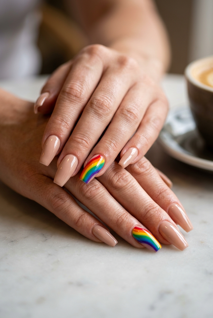 Vibrant rainbow stripe accent nails 2026 for parties, nights out, or glamorous events. Bold nude base, almond shape.