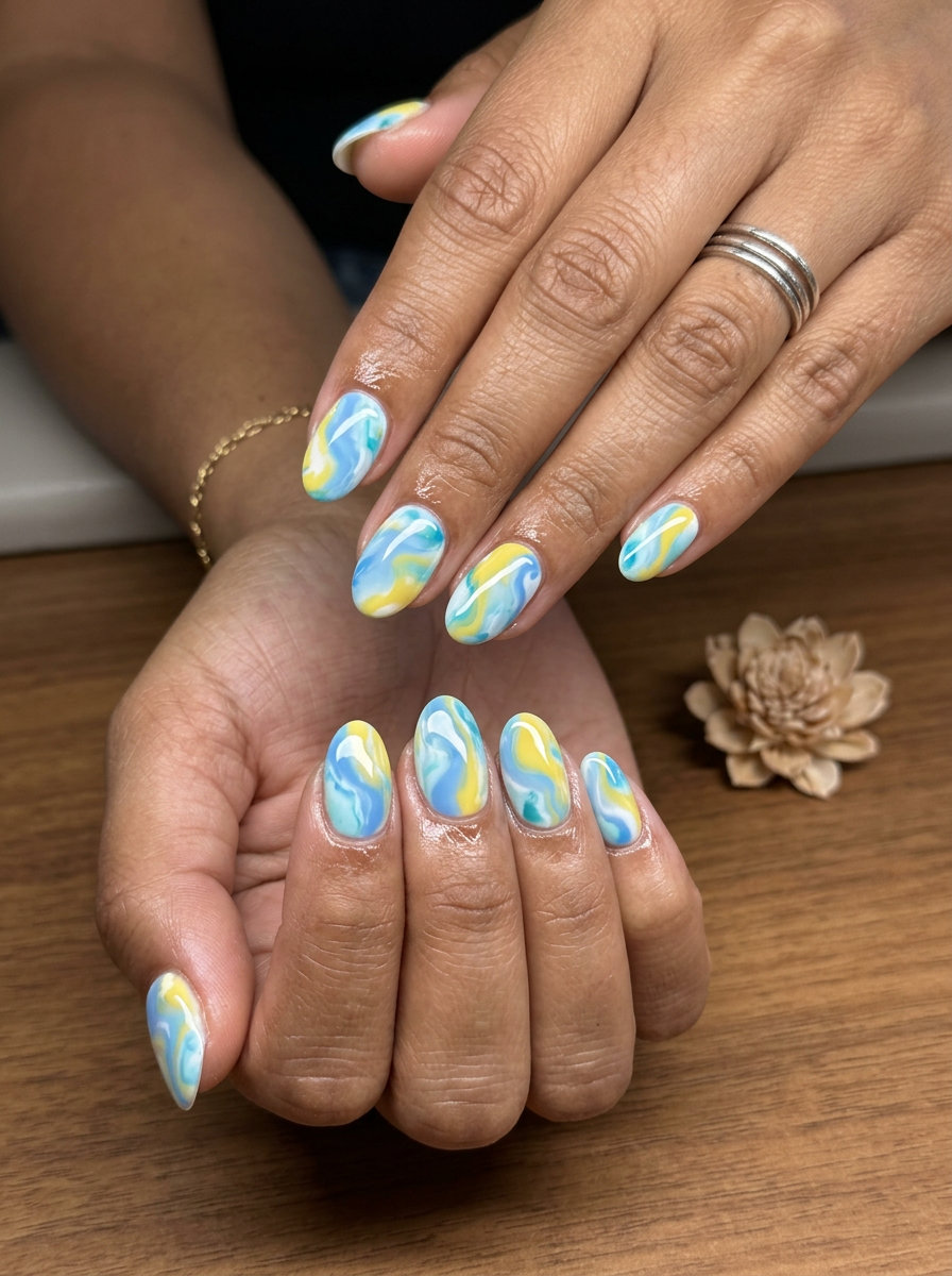 Oceanic marble dream nails 2026 for date night, art gallery, or bohemian event. Artistic, serene soft square shape.