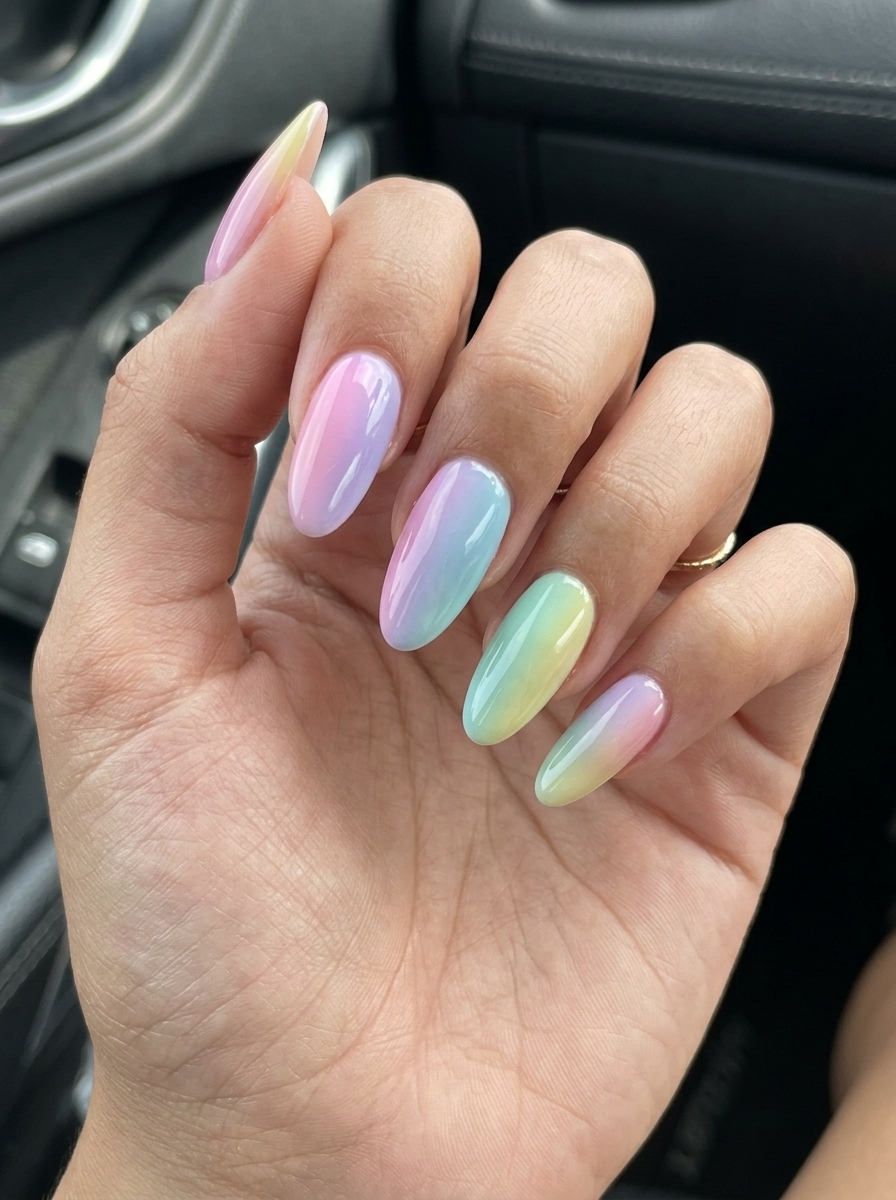 Romantic summer rainbow nails 2026: Pastel gradient jelly oval nails for ethereal bridal showers and dates.