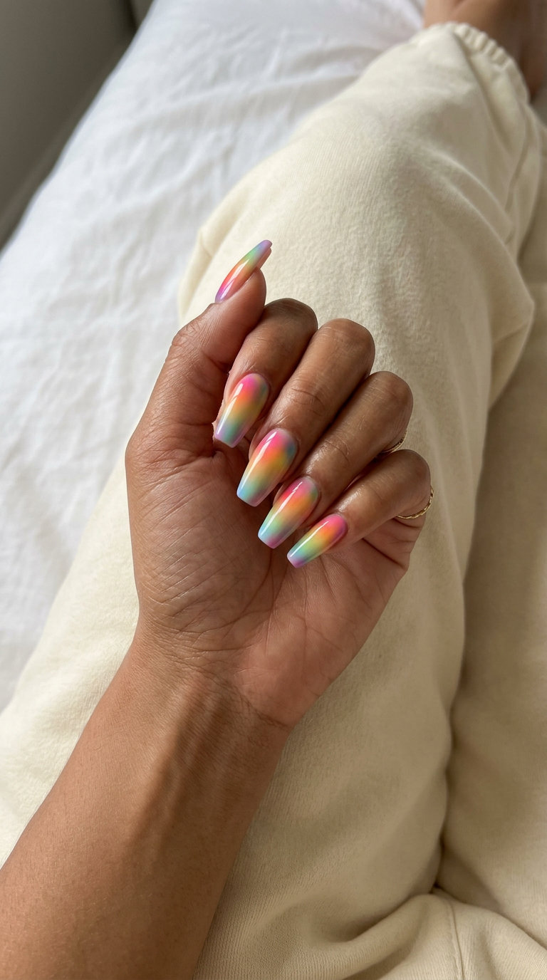 Edgy summer rainbow nails 2026: Vibrant rainbow gradient at cuticle for futuristic festival and party looks.