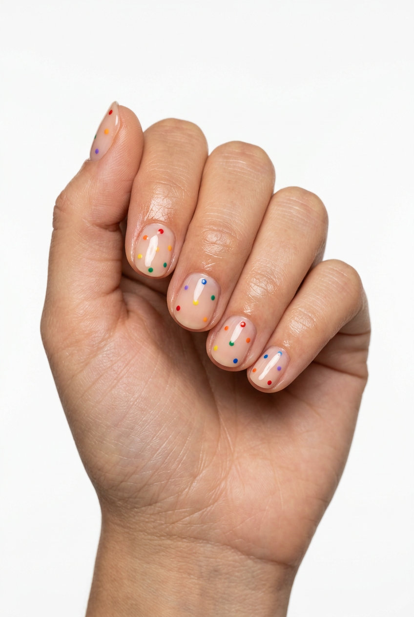 Subtle rainbow sprinkle nails 2026 for daily wear, casual outings, or work. Minimalist, playful short nails.