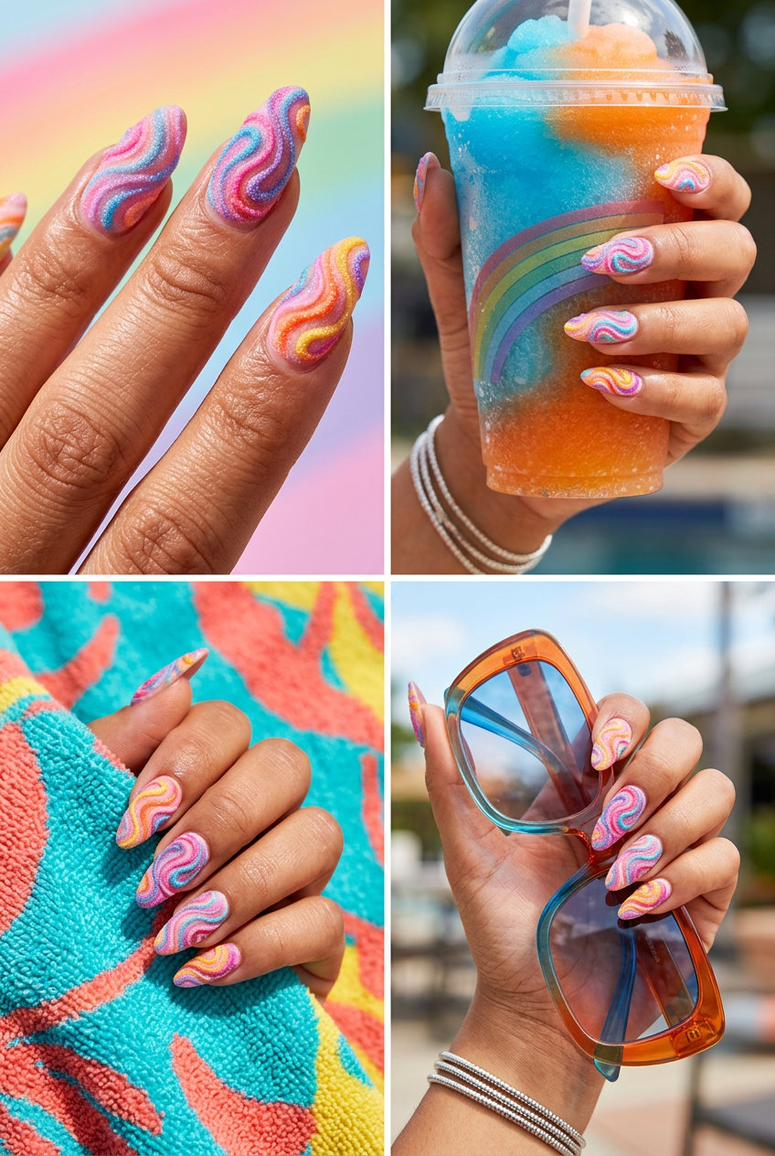 Rainbow sugar rush swirl nails for summer rainbow nails 2026. Fun, textured, and vibrant party style.