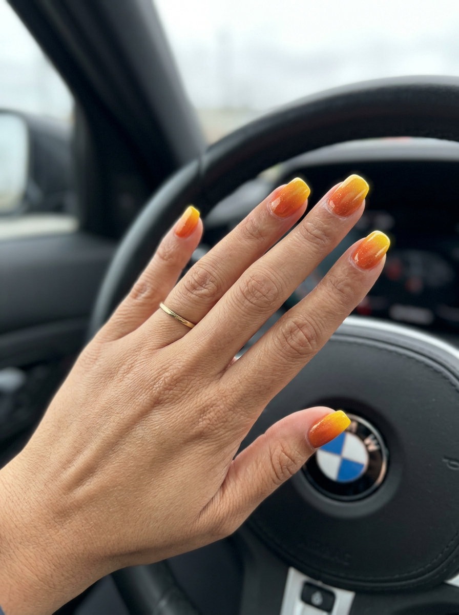 Romantic summer rainbow nails 2026: Sunset orange to yellow gradient with gold shimmer for vacations and date nights.