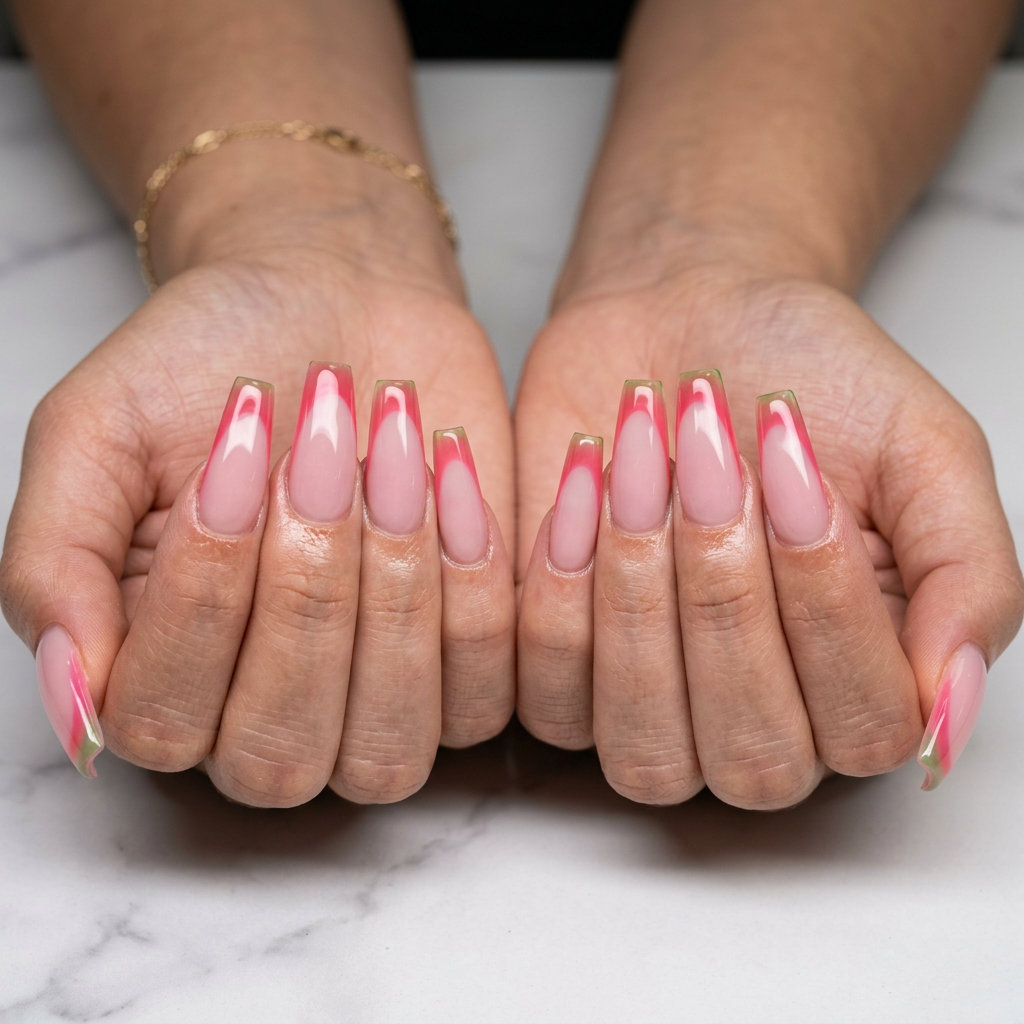 Watermelon jelly French twist nails 2026 for vacation, summer party, or casual weekend. Playful, juicy almond shape.