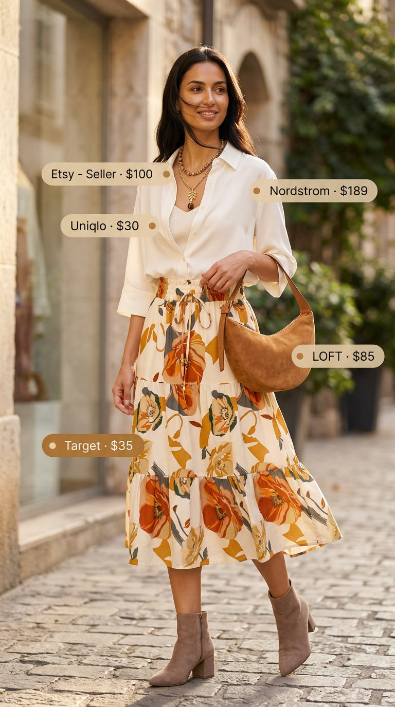Boho summer evening outfit 2026: Cream silk shirt open over floral skirt, suede boots, layered necklaces.