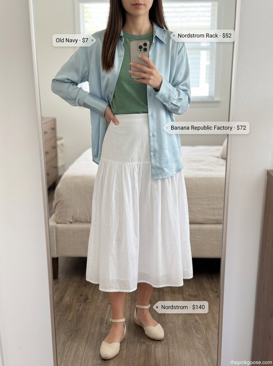 Casual Summer Silk Shirt Open Layer Outfits 2026: Light blue shirt, white skirt, white tee, tan espadrilles.