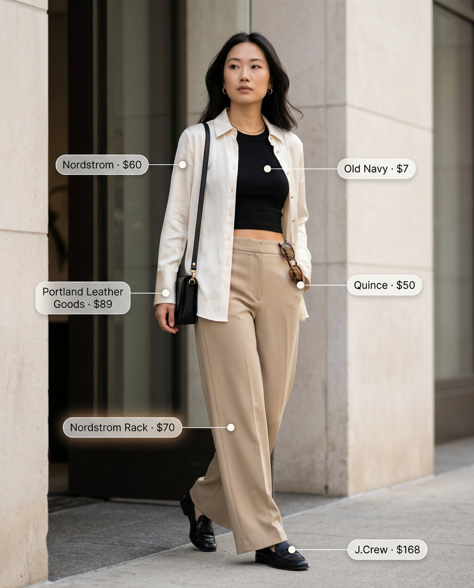 Chic city explorer outfit 2026: Khaki trousers, cream silk shirt open, black loafers, crossbody bag.