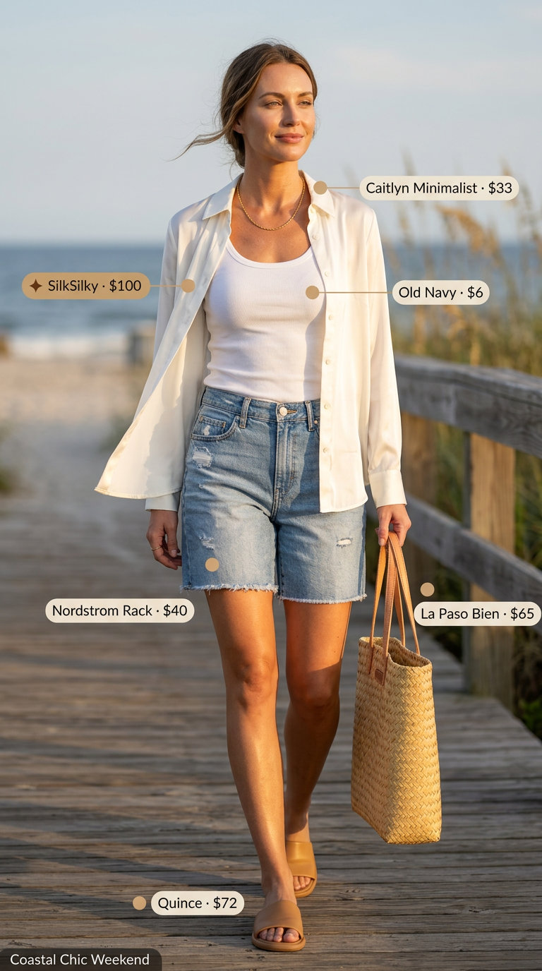Effortless Summer Silk Shirt Open Layer Outfits 2026: White silk shirt, denim shorts, tank top, straw tote.