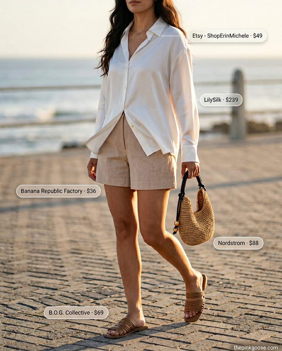 White silk blouse layered open over beige linen shorts, with tan slides and straw bag. Casual summer look.