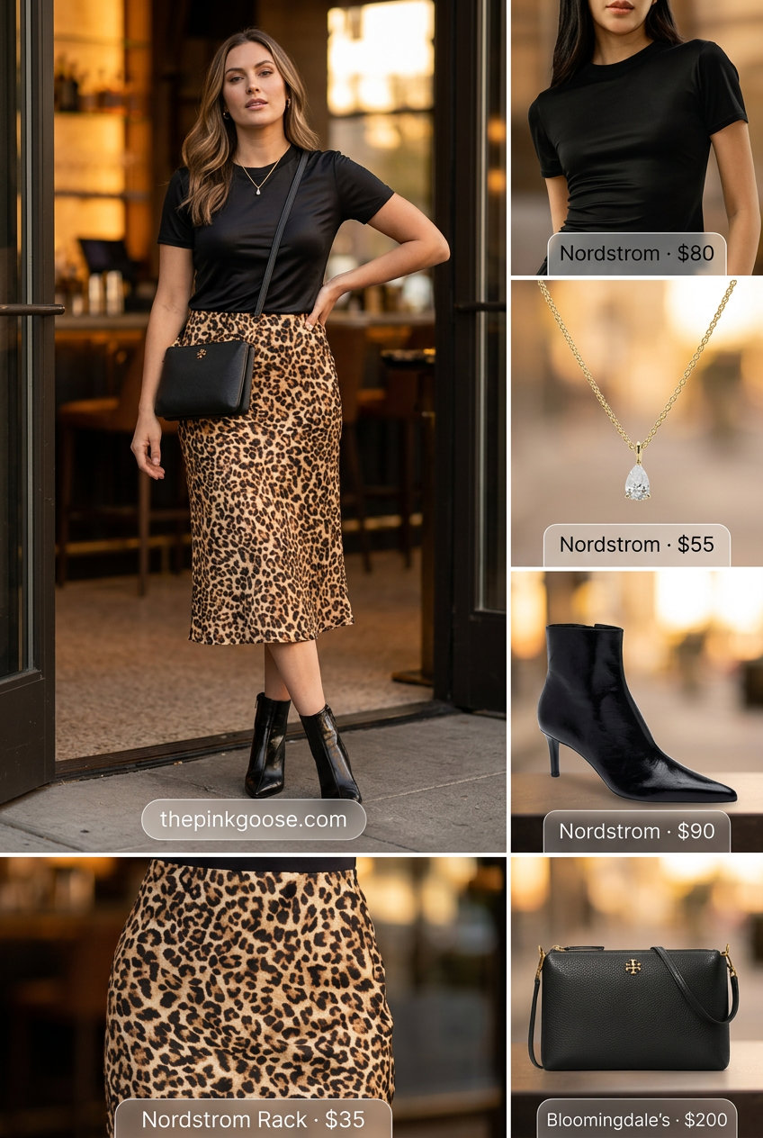 Leopard print silk midi skirt with a black silk top, ankle boots, and crossbody bag. Bold evening outfit.