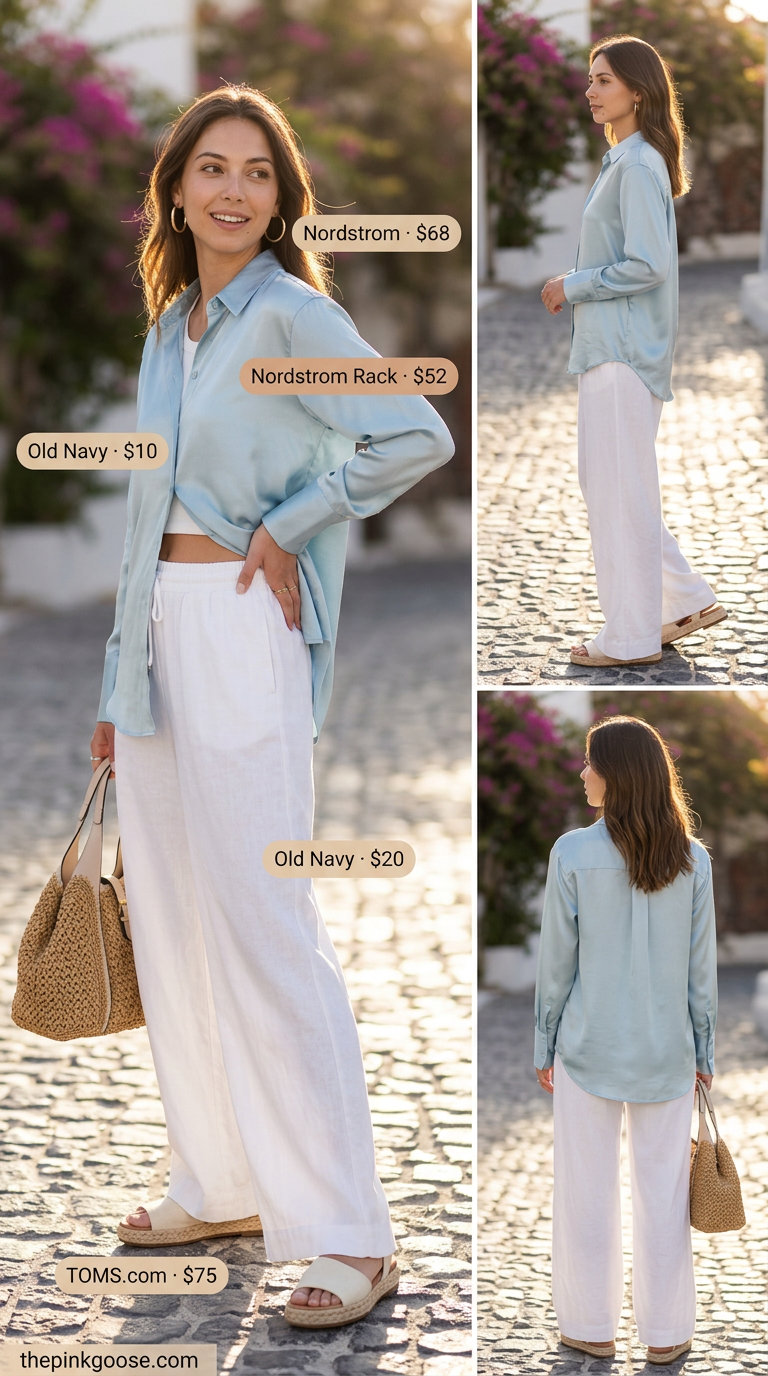 Sky blue silk shirt worn open over a white tank and linen pants, with espadrilles. Effortless resort wear.