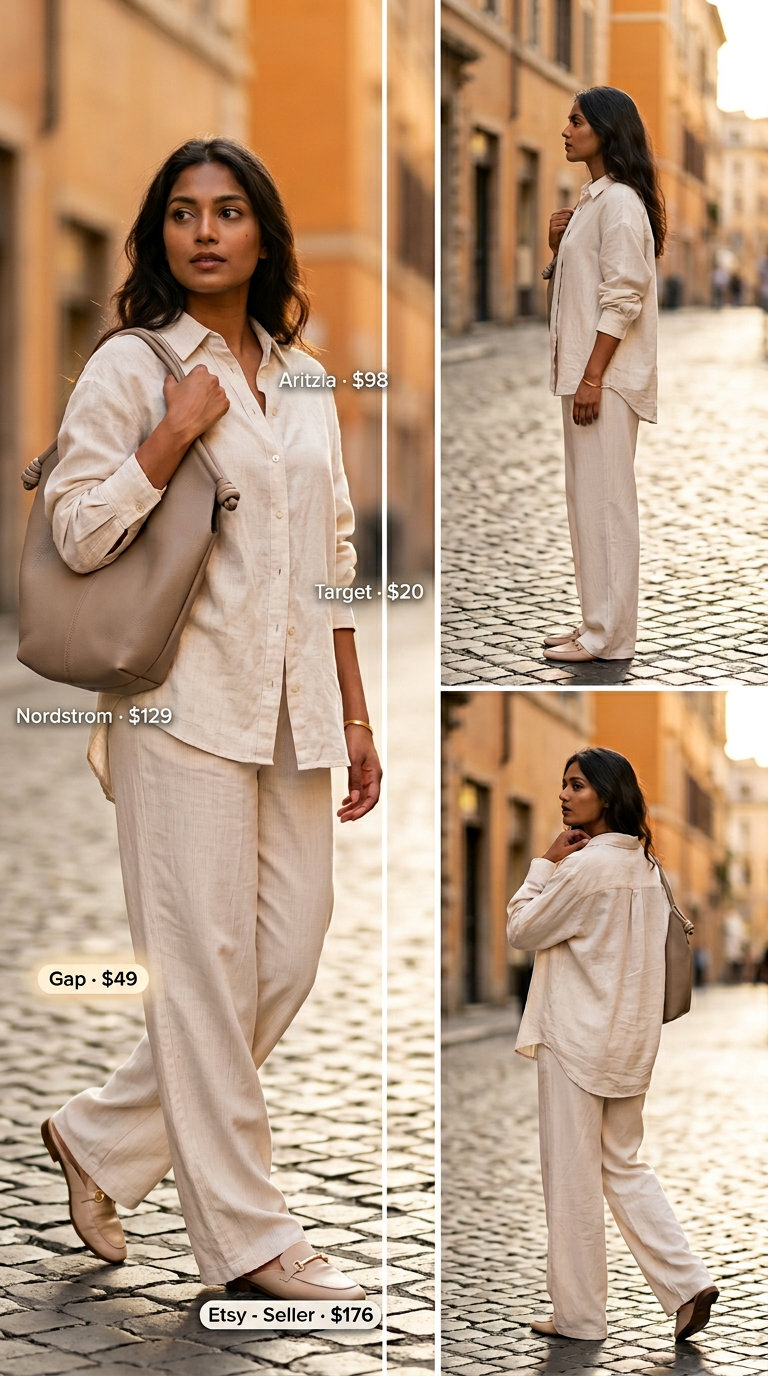 Monochrome linen outfit with cream silk shirt, wide-leg pants, and beige mules. Perfect for summer errands.