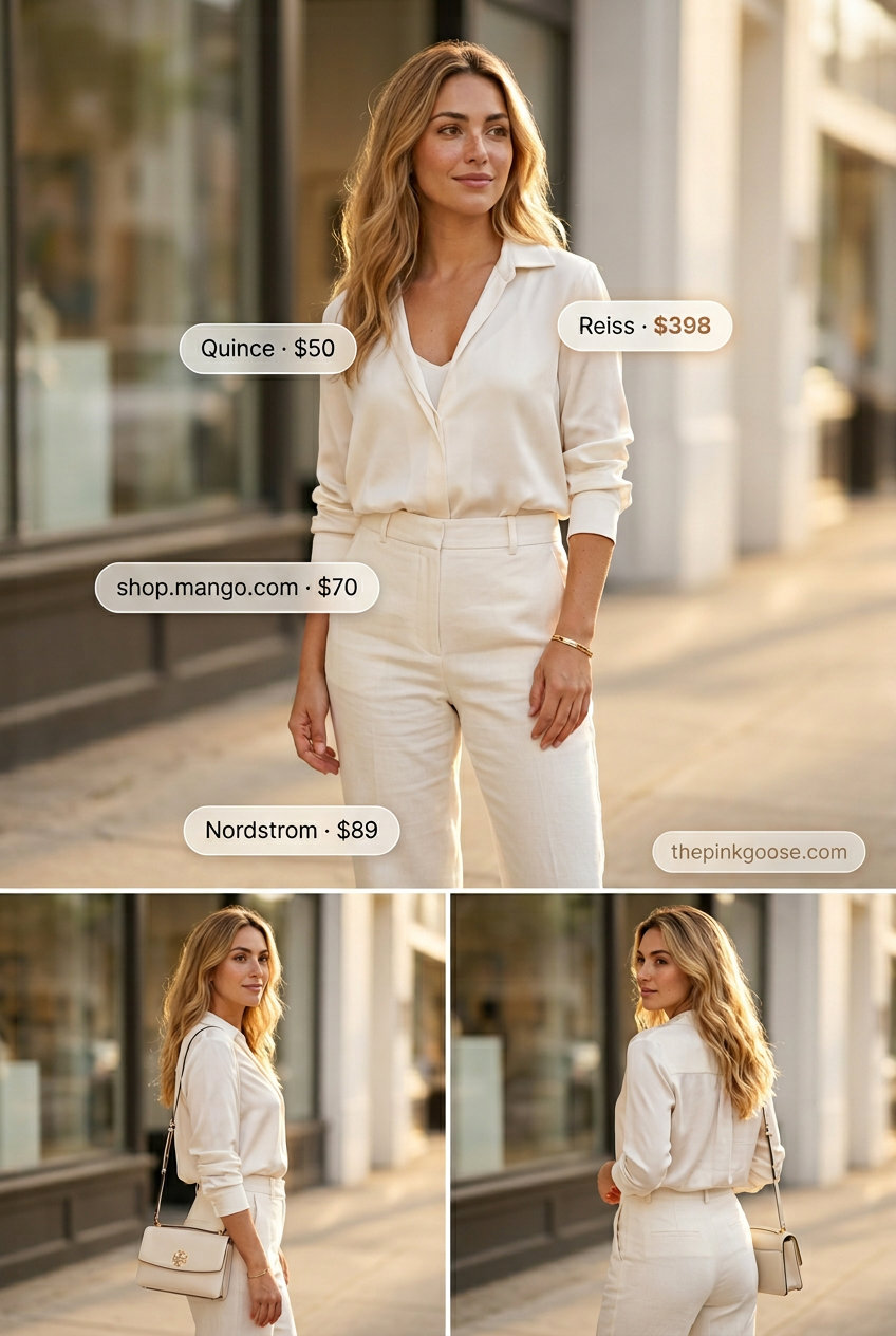 Minimalist Summer Silk Shirt Open Layer Outfits 2026: Cream silk shirt, beige pants, nude flats, shoulder bag.