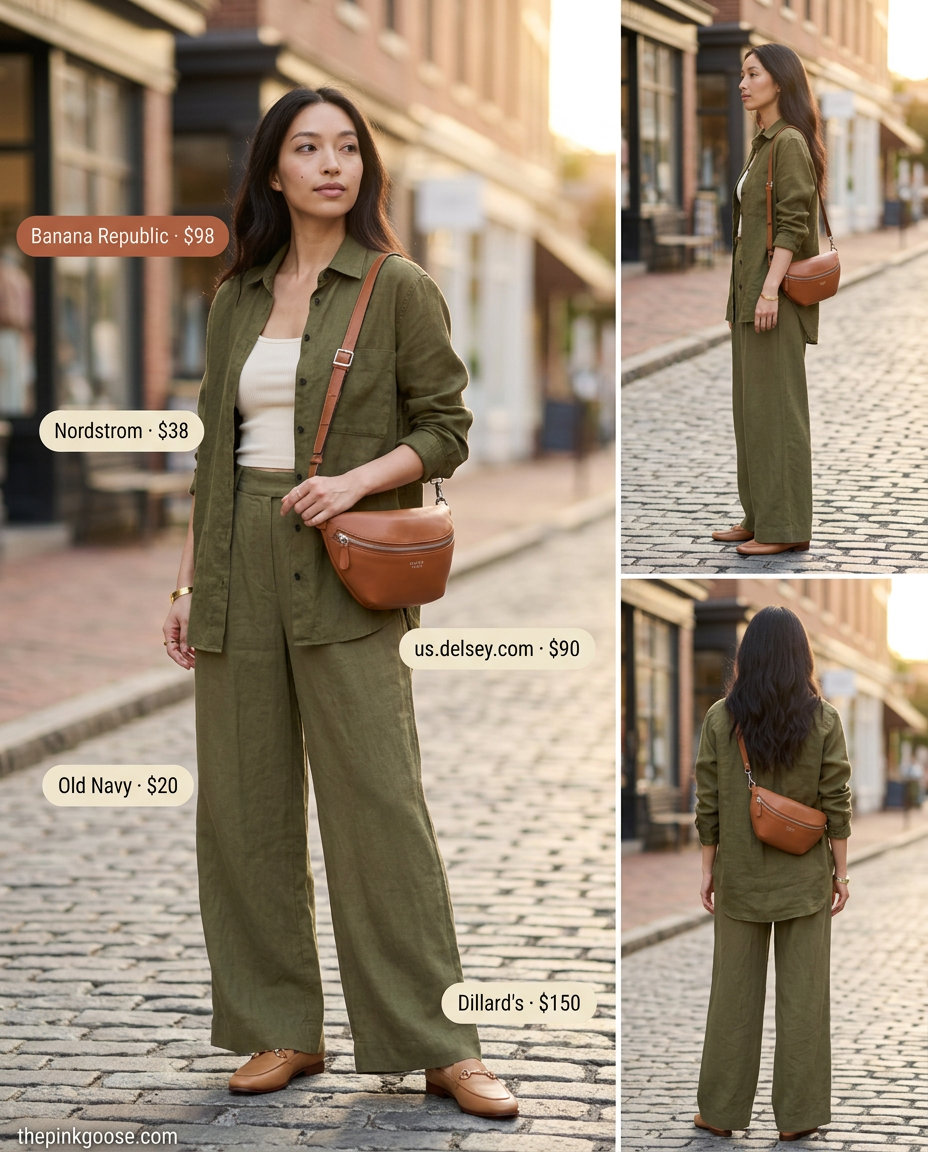 Olive green linen co-ord set with a silk shirt, tank, and tan belt bag. Chic travel outfit.