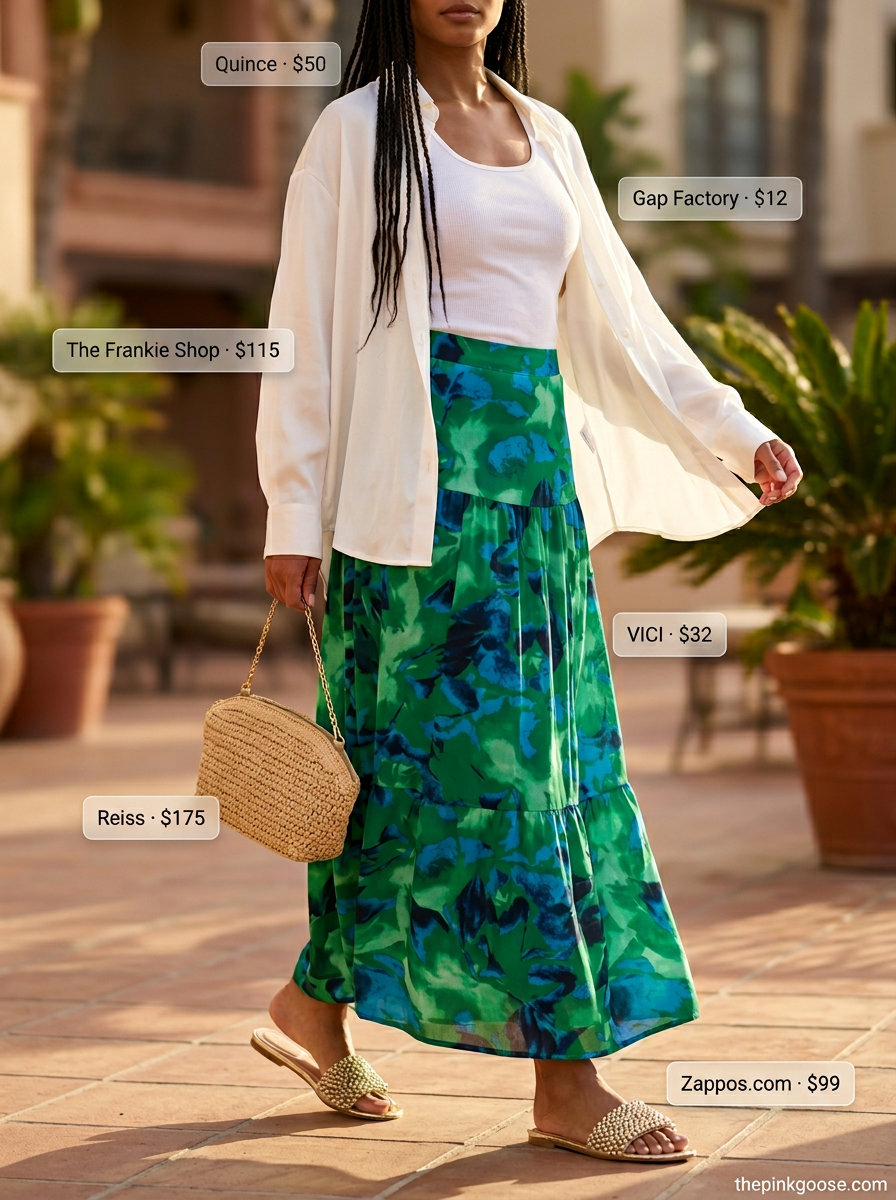 Emerald green printed silk maxi skirt with white silk shirt and embellished sandals for resort evenings.