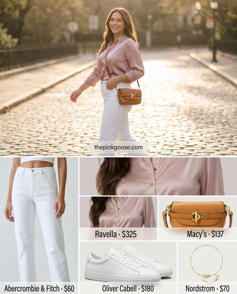 Rose silk blouse outfit 2026: Pink silk blouse open over white tee, white jeans, crossbody bag.