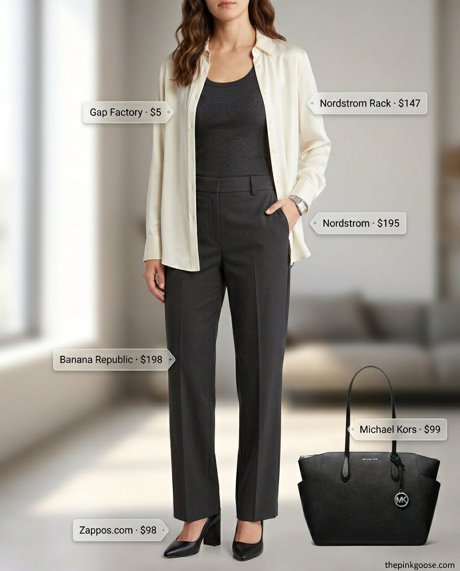 Smart casual summer silk shirt open layer outfits 2026: Grey trousers, white silk shirt, black knit top, black heels.