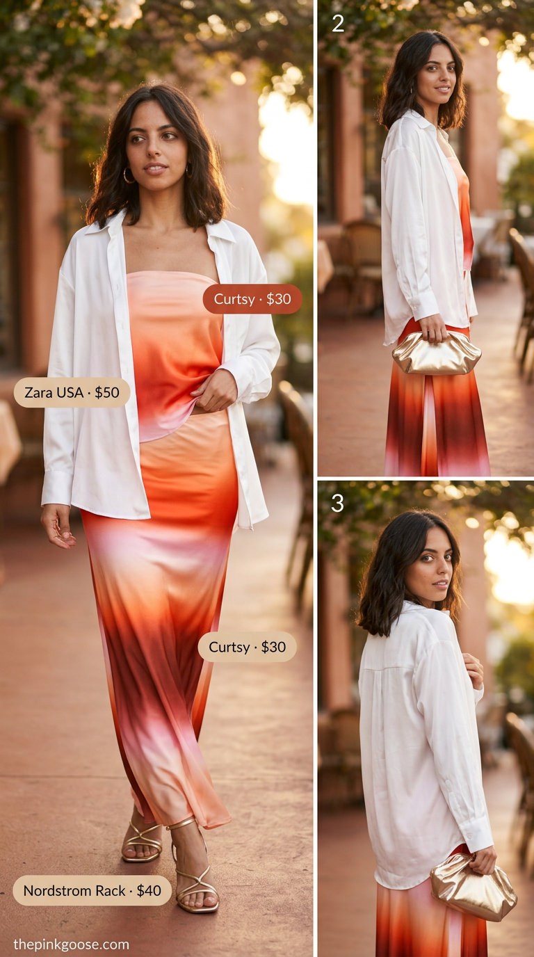 Romantic Summer Silk Shirt Open Layer Outfits 2026: Ombre silk set, white shirt, gold sandals, clutch.