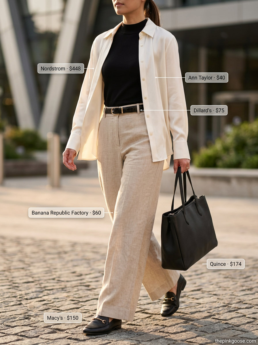 Sophisticated Summer Silk Shirt Open Layer Outfits 2026: Beige pants, cream silk shirt, black top, loafers.