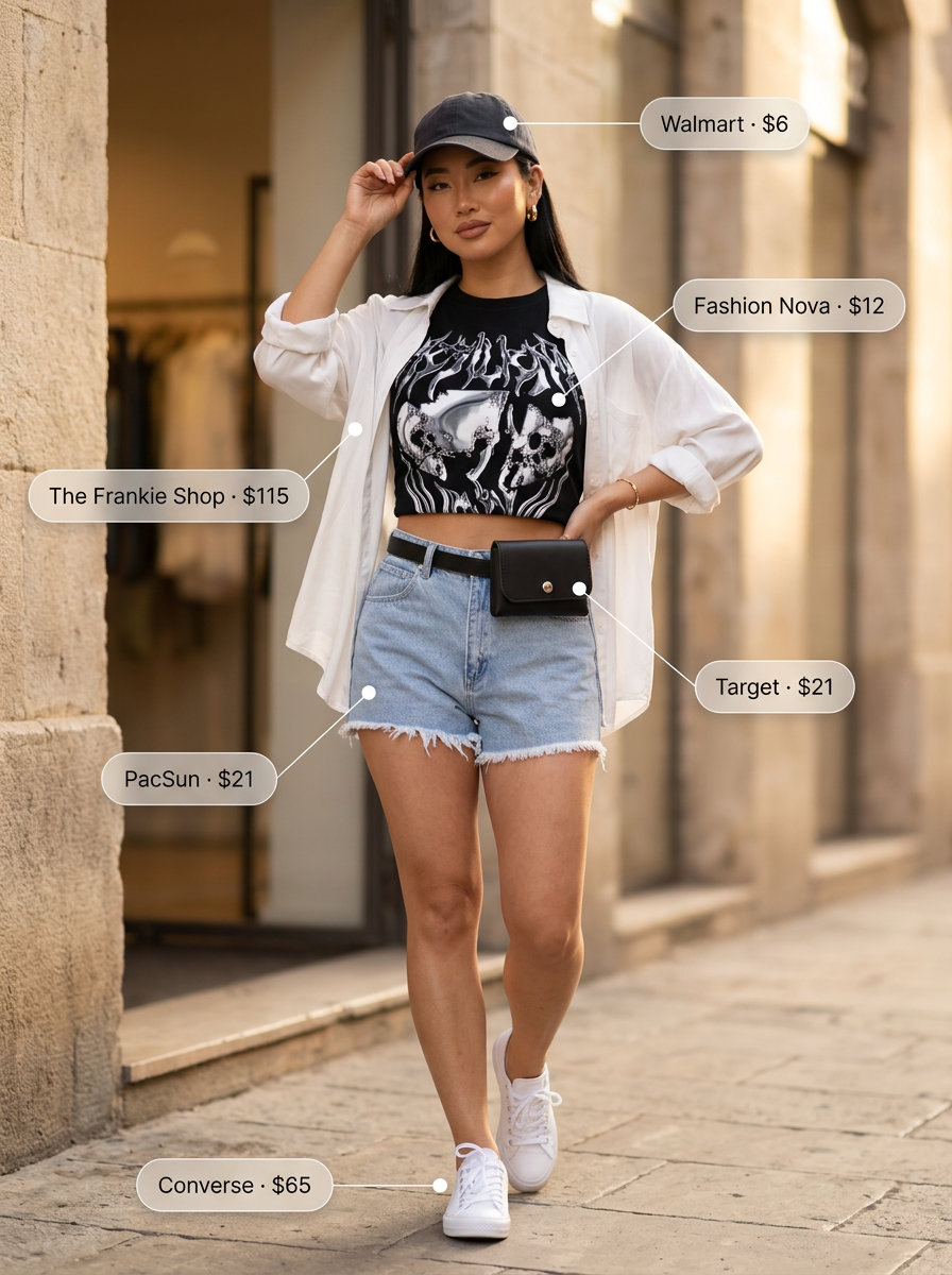 Weekend casual outfit 2026: White silk shirt open over graphic tee, denim shorts, white sneakers.