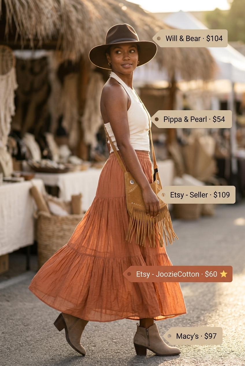 Boho Summer Smocked Top Outfits for Women 2026: Rust orange smocked top, tiered maxi skirt, suede boots & hat.