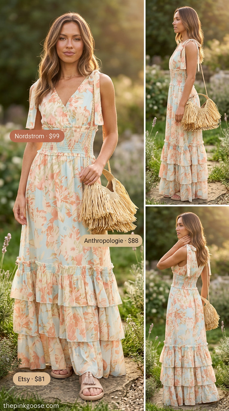 Summer smocked top outfits for women 2026: Boho floral maxi dress for beach vacation.