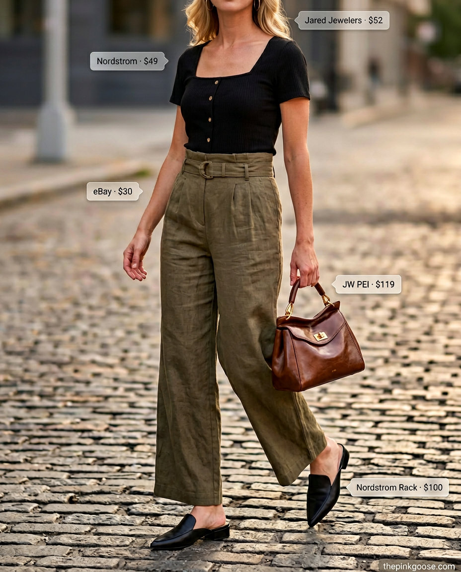 Chic Summer Smocked Top Outfits for Women 2026: Black smocked top, olive paperbag trousers, leather mules & bag.