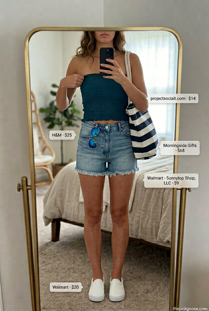 Casual Summer Smocked Top Outfits for Women 2026: Blue smocked tube top, denim shorts, canvas tote.