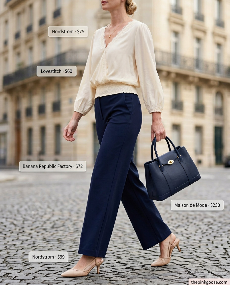 Summer smocked top outfits for women 2026: Cream silk smocked blouse with navy trousers for office wear.
