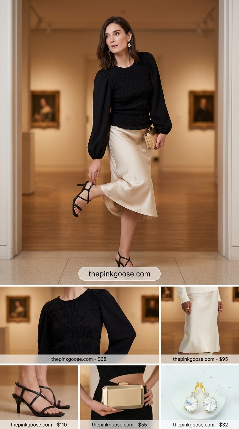 Elegant Summer Smocked Top Outfits for Women 2026: Black smocked top, champagne satin skirt, heeled sandals.