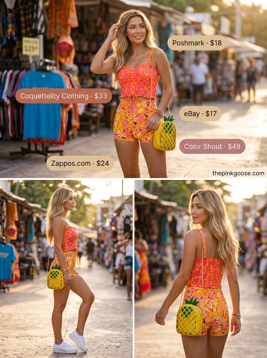 Vibrant Summer Smocked Top Outfits for Women 2026: Floral print smocked top, matching shorts, sneakers & fun bag.