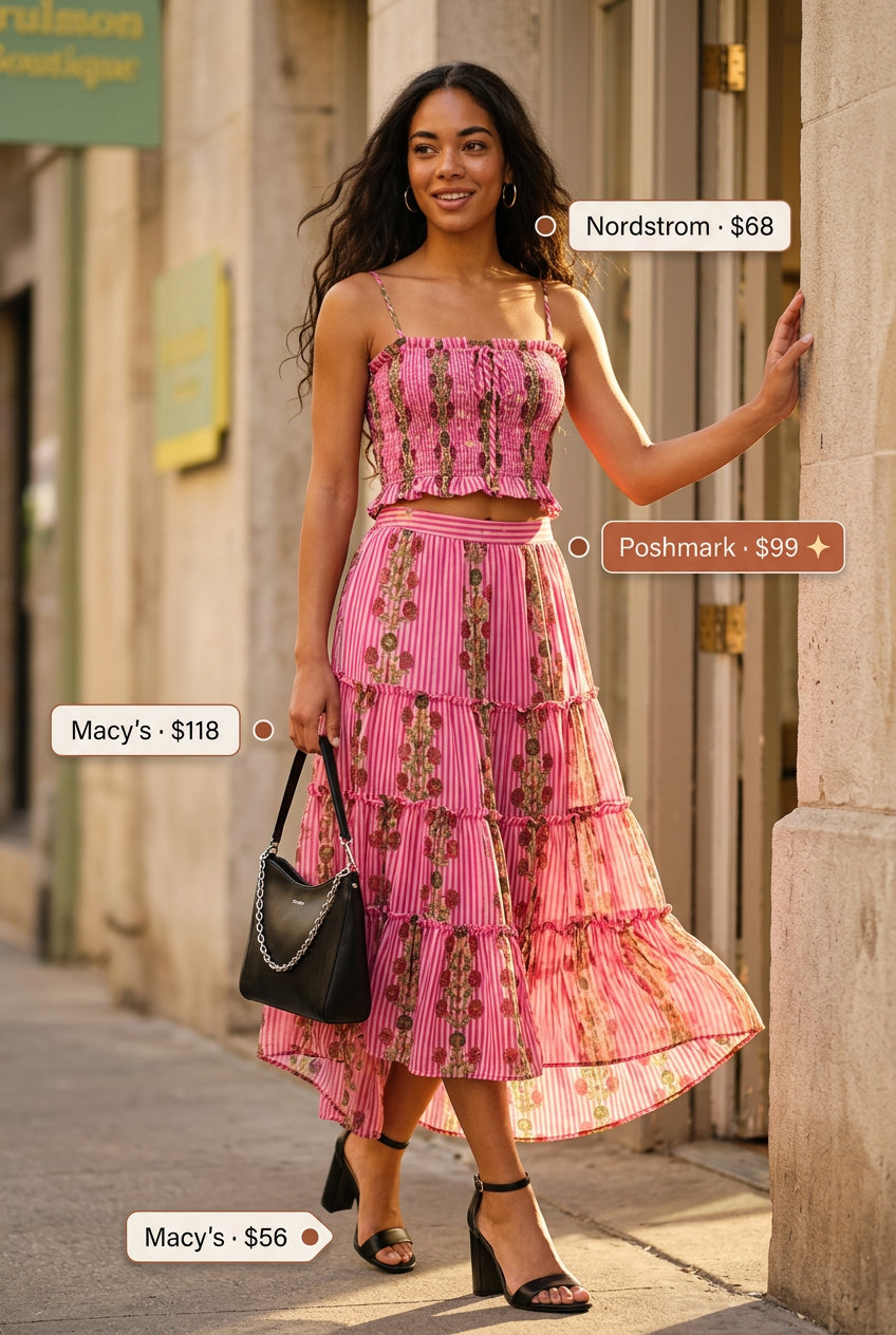 Summer smocked top outfits for women 2026: Vibrant floral smocked midi dress for a chic lunch date.
