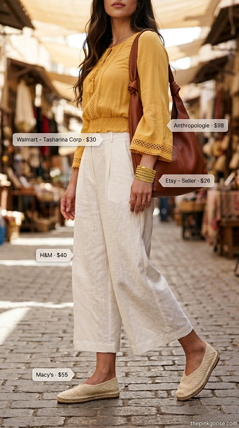 Summer smocked top outfits for women 2026: Mustard yellow smocked peasant blouse with white culottes.