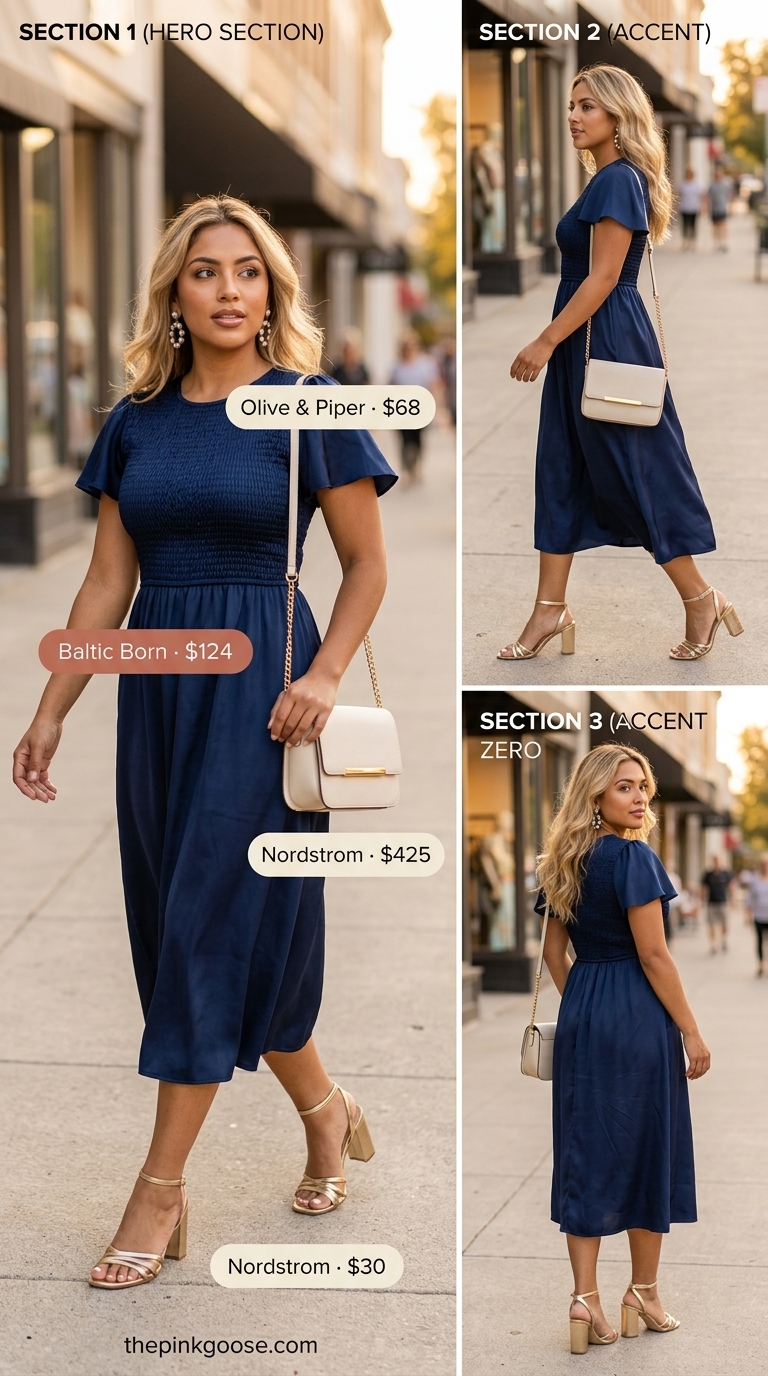 Elegant navy smocked midi dress with gold earrings and sandals for a summer soiree or wedding guest 2026.