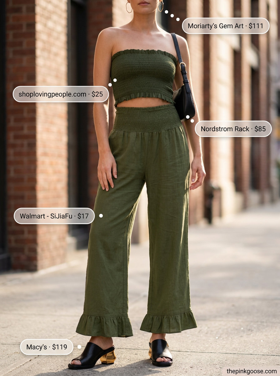 Summer smocked top outfits for women 2026: Olive green smocked set with wide-leg pants.