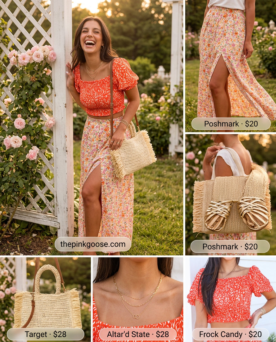Romantic Summer Smocked Top Outfits for Women 2026: Sunset orange smocked top, floral midi skirt, gold sandals.
