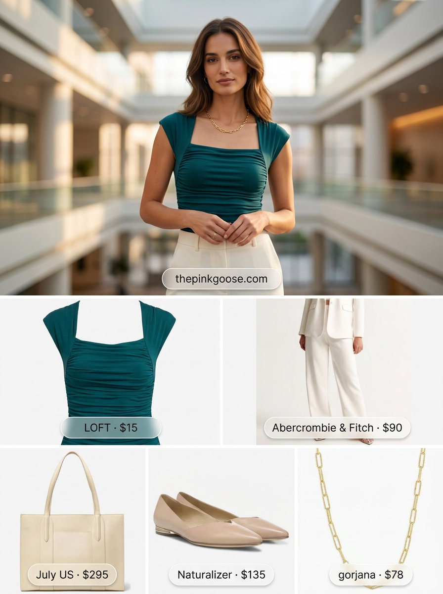 Chic city outfit: Teal smocked top with cream wide-leg trousers for office or smart casual events 2026.