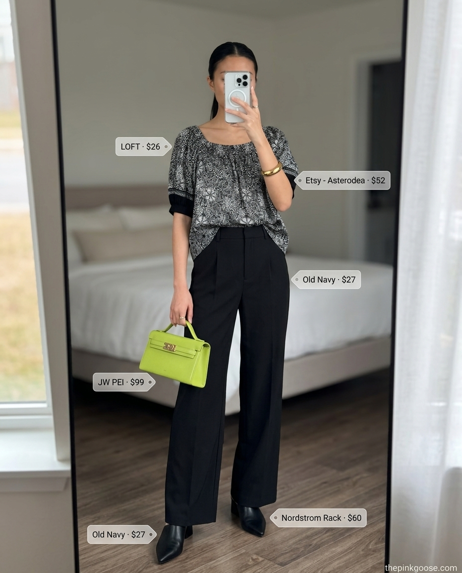 Sophisticated Summer Smocked Top Outfits for Women 2026: Black smocked top, emerald trousers, pointed mules.