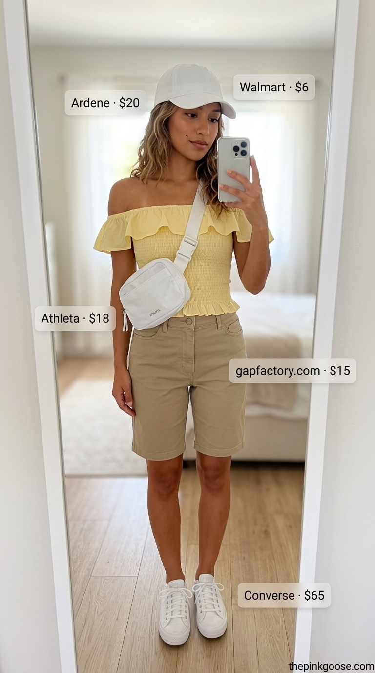 Summer smocked top outfits for women 2026: Sunny yellow smocked peasant top with khaki shorts.