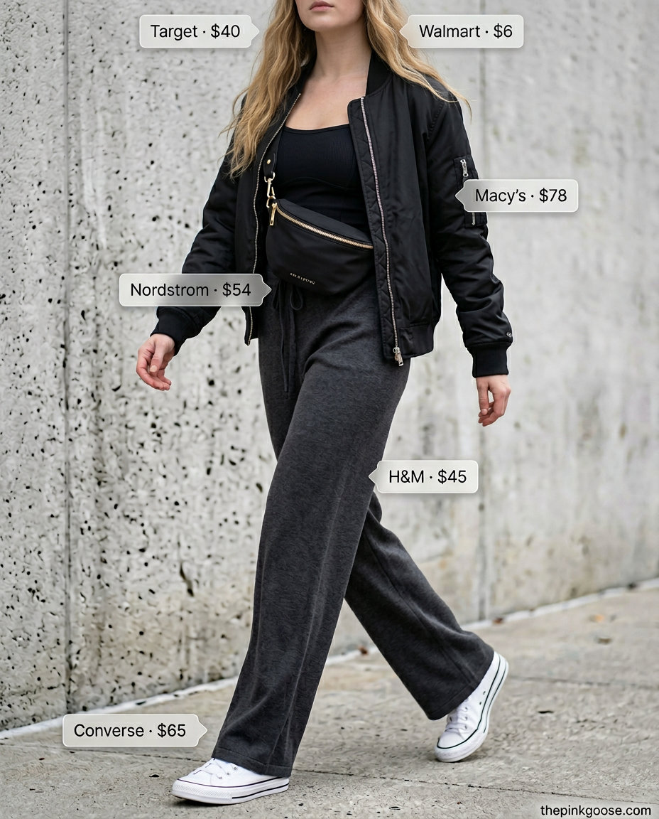 Summer Straight Leg Pants Outfits for Women 2026: Charcoal knit pants with bomber jacket, crop top, and sneakers for travel.