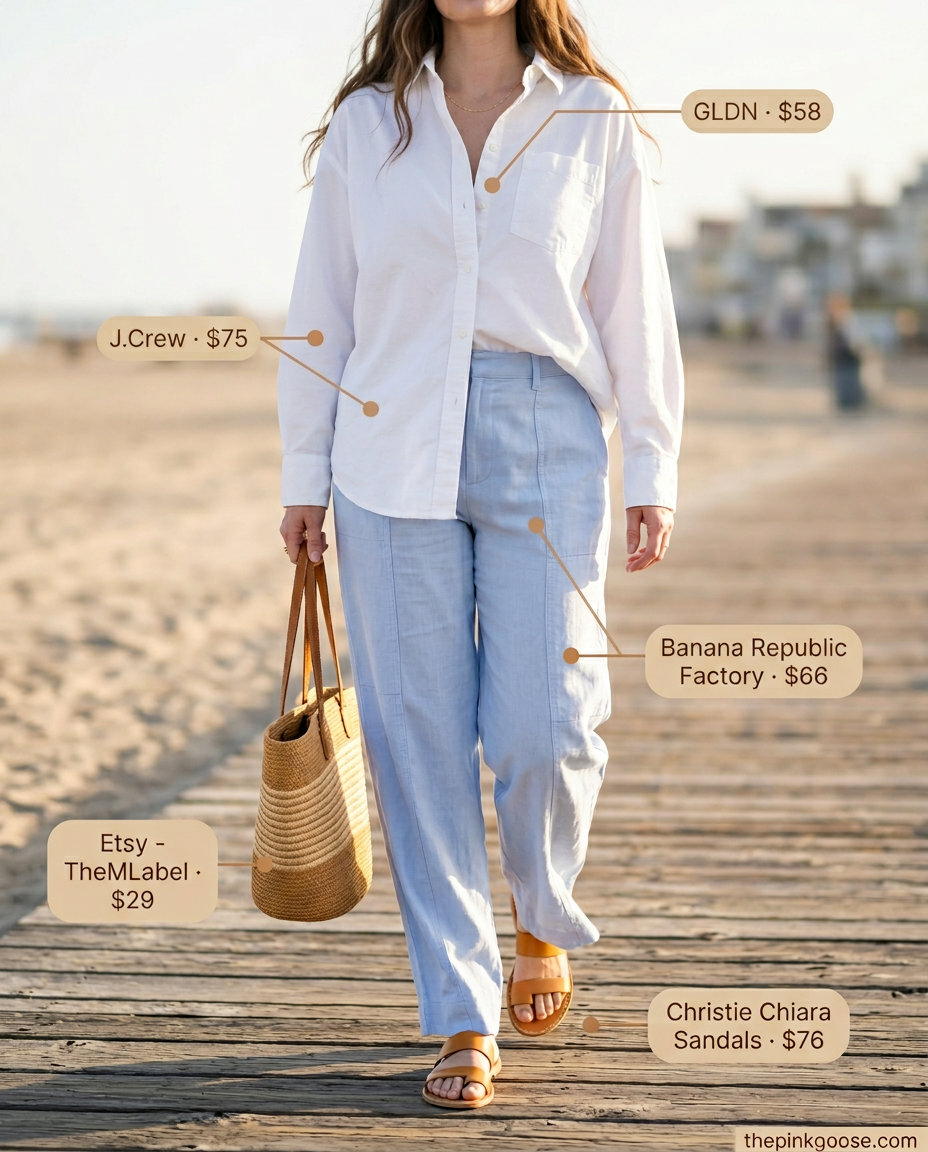 Summer straight leg pants outfits for women 2026: Light wash linen blend pants, white oversized shirt, tan sandals, straw tote.