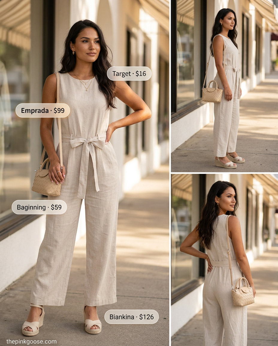 Summer straight leg pants outfits for women 2026: Beige linen jumpsuit, espadrille wedges, woven crossbody bag, layered gold necklaces.